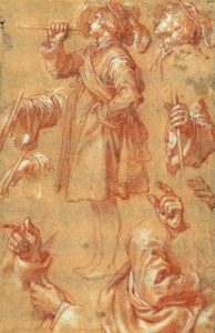 Abraham Bloemaert, ‘Studies van een staande trompetter, handen en armen’ (1624-1626).